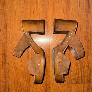 Italian Leather Brown Wooden Platform Sandals